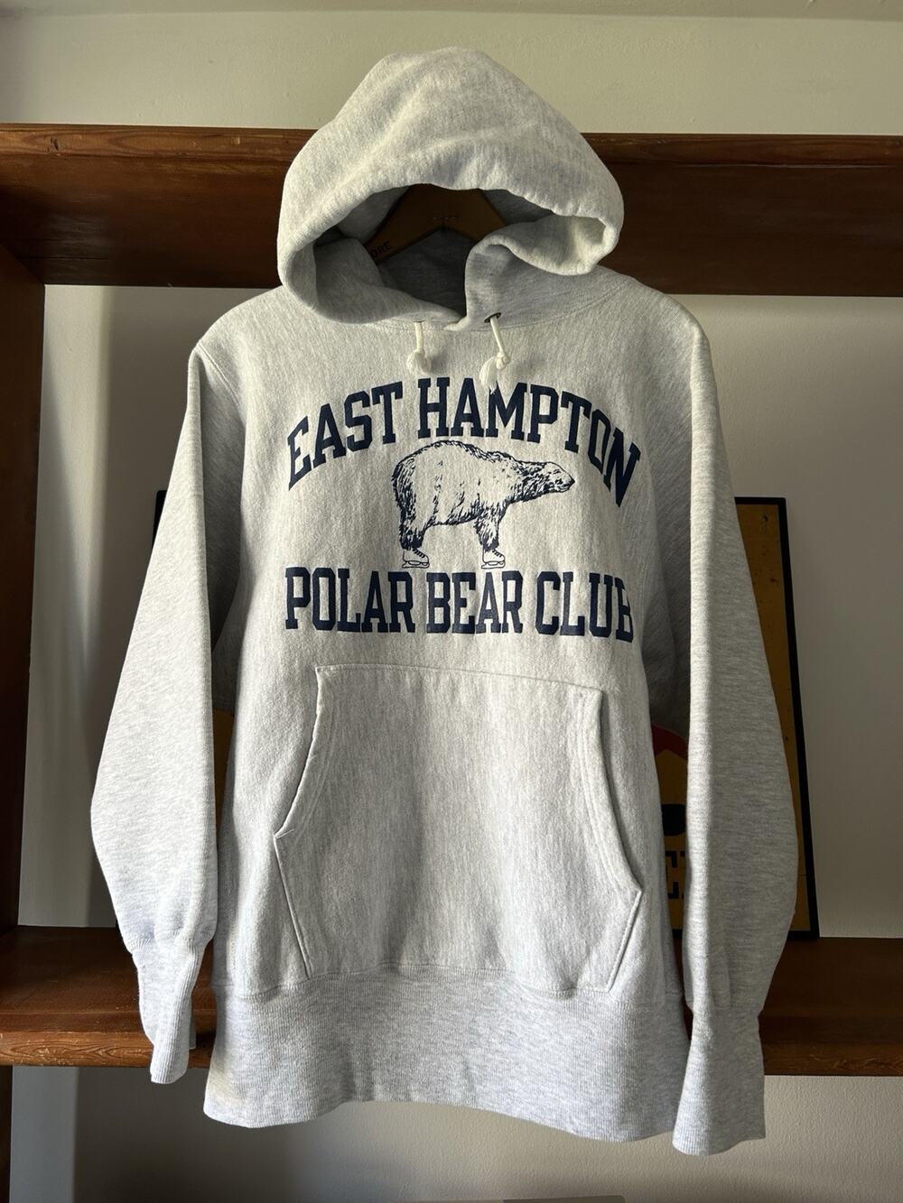 Vintage 90s Champion Reverse Weave Hoodie Grey Blue East Hampton Polar Bear Club